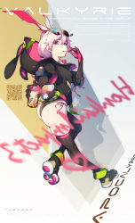 1girl absurdres animal_ears animal_hood ass asymmetrical_legwear back bad_id bad_pixiv_id black_gloves black_hoodie black_legwear black_leotard caisan candy earphones elbow_gloves eyewear_on_head food food_in_mouth fox_ears full_body gloves hair_between_eyes highres holding holding_candy holding_food holding_lollipop honkai_(series) honkai_impact_3rd hood hoodie leotard lollipop looking_at_viewer looking_back paw_shoes pink_eyes pink_hair rabbit_ears side_ponytail solo spray_paint sunglasses theresa_apocalypse theresa_apocalypse_(sakuno_rondo) uneven_legwear