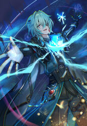 1boy absurdres anaxa_(honkai:_star_rail) aqua_coat aqua_eyes ascot black_gloves black_shirt coat earrings eyepatch gloves grey_hair grey_pants hair_intakes hair_tubes highres honkai:_star_rail honkai_(series) isome jewelry long_sleeves multiple_rings open_mouth pants partially_fingerless_gloves pink_pupils ring shirt single_glove single_hair_tube smile solo white_ascot