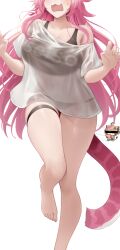 1girl :3 absurdres barefoot black_bra black_panties bra bra_visible_through_clothes breasts censored censored_identity chibi fang feet foot_out_of_frame gigi_murin highres hololive hololive_english large_breasts long_hair panties panties_visible_through_clothes pink_hair raora_panthera see-through_clothes see-through_shirt shirt simple_background single_bare_shoulder single_off_shoulder solo solo_focus somebody_(leiking00) standing standing_on_one_leg surprised underwear virtual_youtuber water_gun wet wet_clothes wet_shirt white_background white_shirt