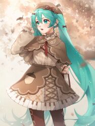 1girl absurdres after0217 aqua_eyes aqua_hair aqua_nails blush bow brown_bow brown_hat brown_shirt brown_skirt checkered_clothes checkered_skirt hair_between_eyes hair_ornament hat hatsune_miku highres long_hair long_sleeves miku_day open_mouth shirt skirt solo twintails very_long_hair vocaloid