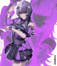 1girl black_hair black_nails black_shirt black_skirt bow covered_navel grey_hair grin hair_bow hazel_(hzlform) highres hololive hololive_english hololive_idol_uniform_(color_rise) idol_clothes multicolored_hair multicolored_shirt purple_bow purple_shirt shiori_novella shirt skirt smile solo split-color_hair star_(symbol) star_print teeth virtual_youtuber yellow_eyes zoom_layer