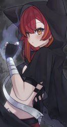 1girl absurdres animal_ear_hood animal_ears anku arm_at_side asymmetrical_gloves bandaged_wrist bandages black_background black_cloak black_gloves black_hood black_shirt blush brown_eyes cloak closed_mouth crop_top fake_animal_ears fingerless_gloves from_side gloves hair_between_eyes hand_up highres hood hood_up hooded_cloak long_hair looking_to_the_side midriff multicolored_hair nekota_tsuna orange_hair orange_streaks red_hair shirt streaked_hair striped_clothes striped_shirt uneven_gloves upper_body virtual_youtuber vspo!