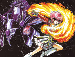 1990s_(style) 1boy 1girl absurdres armor boots braid clamp cloak dress fingerless_gloves fire gloves headgear highres jumping knee_boots long_hair looking_at_viewer magic_knight_rayearth non-web_source official_art pink_hair purple_hair retro_artstyle scan school_uniform serious shidou_hikaru single_braid zagato zagato_(rayearth)