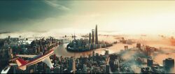 Rule 34 | absurdres, aircraft, airplane, blue sky, boat, building, china, city, cityscape, commentary request, day, fog, highres, hy vong (phong canh), jet airliner, no humans, original, outdoors, photorealistic, real world location, realistic, reflection, reflective water, river, scenery, shanghai, sky, skyscraper, tibetan commentary, watercraft