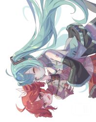 2girls ahoge belt black_skirt black_sleeve_cuffs black_sleeves black_thighhighs blue_belt blue_hair blue_nails blue_necktie blush bow breasts buttons closed_eyes collared_shirt detached_sleeves double-breasted drill_hair fingernails flat_chest grey_jacket grey_skirt hair_between_eyes hair_bow hair_ribbon hand_on_another&#039;s_face hatsune_miku highres jacket kasane_teto kasane_teto_(sv) layered_skirt layered_sleeves long_hair looking_at_another mikazuki123457 miniskirt multiple_girls musical_staff musical_staff_print necktie open_mouth puckered_lips red_eyes red_hair red_skirt red_tattoo red_trim ribbon shirt shoulder_tattoo sideways_glance simple_background skirt skirt_set sleeveless sleeveless_shirt small_breasts striped_clothes striped_jacket striped_skirt sweatdrop synthesizer_v tattoo thighhighs transparent_background twin_drills twintails utau very_long_hair vocaloid white_bow white_ribbon wing_collar zettai_ryouiki