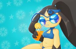 1girl arm_at_side artist_name bare_shoulders big_hair bikini black_hair black_skin blue-framed_eyewear blue-tinted_eyewear blue_background blue_bikini blue_hat blue_outline breasts cleavage_cutout clothing_cutout collarbone colored_skin cup drink drinking drinking_glass drinking_straw female_focus food fruit gen_3_pokemon hand_up hat high_ponytail highres holding holding_drink holding_drinking_glass large_variant_set lemon lemon_slice long_hair lotion mawaifu mawile multi-strapped_bikini_bottom multicolored_skin navel nintendo outline pokemon pokemon_(creature) ponytail see-through_hat sidelocks signature sitting small_breasts solo star_(symbol) star_symbol_background stomach sunglasses sunscreen sweat swimsuit tinted_eyewear two-tone_skin variant_set very_long_hair visor_cap yellow_skin