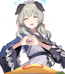 1girl ^_^ animal_ears apron blue_archive blue_halo blue_kimono blurry blush closed_eyes commentary_request depth_of_field dog_ears dog_girl enosan facing_viewer food food_writing frilled_apron frills green_hair hair_ribbon halo heart heart_hands highres japanese_clothes ketchup kimono long_hair maid maid_headdress moe_moe_kyun! omelet omurice open_mouth ribbon simple_background smile solo umika_(blue_archive) wa_maid white_apron white_background wide_sleeves yellow_ribbon