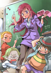 1girl 2016 3boys aged_up blonde_hair book chalk chalkboard character_request classroom commentary_request eyelashes formal_clothes glasses highres isedaichi_ken jacket long_hair lush multiple_boys open_mouth pantyhose pink_eyes pink_hair precure solo suit_jacket teacher teacher_and_student translation_request twitter_username yellow_eyes yes!_precure_5 yumehara_nozomi