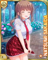 1girl :d breasts brown_hair card_(medium) closed_eyes day female_focus girlfriend_(kari) large_breasts long_hair official_art open_mouth outdoors plaid_clothes plaid_skirt qp:flapper rain red_eyes red_skirt sakaida_natsumi school_uniform shirt shoes skirt smile socks solo standing tagme wet wet_clothes white_shirt