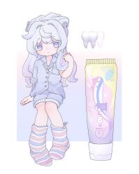 Rule 34 | 1girl, border, breast pocket, buttons, closed mouth, commentary, dot nose, full body, gradient background, hair intakes, hand up, highres, invisible chair, jaggy lines, light blush, long hair, looking at viewer, magu913, multicolored hair, original, outside border, pajamas, personification, pigeon-toed, pocket, purple eyes, purple hair, purple pajamas, purple shirt, purple shorts, shirt, short shorts, short sleeves, shorts, simple background, sitting, sleeves rolled up, socks, solo, streaked hair, striped clothes, striped socks, symbol-only commentary, tooth, toothpaste, wavy hair, white border