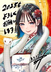 1girl 2025 aqua_kimono black_hair blue_eyes blue_hair choppy_bangs closed_mouth colored_inner_hair commentary_request hair_ornament highres japanese_clothes kimono kitahara_aoba light_blush medium_hair multicolored_hair obi red_nails sash sawaranaide_kotesashi-kun shinjou_takuya smile snake solo translation_request upper_body yellow_sash