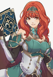 1girl armor book cape celica_(fire_emblem) celica_(valentia&#039;s_hope)_(fire_emblem) choker dress earrings fire_emblem fire_emblem_echoes:_shadows_of_valentia gloves green_armor highres holding holding_book jewelry long_hair looking_at_viewer nintendo official_alternate_costume princess red_eyes red_hair sierra117renner smile tiara white_dress