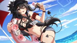 1girl 69_(meme) absurdres armband bare_shoulders beach beach_umbrella bikini black_bikini black_hair blue_shorts breasts cleavage commission cutoffs demon_girl demon_horns demon_tail denim denim_shorts food front-tie_bikini_top front-tie_top hands_up highres holding holding_food holding_ice_cream horns ice_cream ichiko_1234 id_card indie_virtual_youtuber innertube long_hair looking_at_viewer medium_breasts meme micro_shorts multi-strapped_bikini_bottom navel one_eye_closed outdoors shorts side-tie_bikini_bottom smile solo stomach string_bikini swim_ring swimsuit tail thighs tongue tongue_out umbrella vanilluu_(vtuber) very_long_hair vgen_commission virtual_youtuber visor_cap wristband yellow_eyes