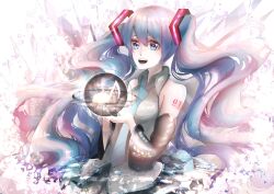 1girl :d absurdres aqua_necktie arm_tattoo black_skirt black_sleeves blue_eyes blue_hair collared_shirt detached_sleeves grey_shirt hair_between_eyes hatsune_miku highres kozou_kazaru long_hair long_sleeves musical_note necktie number_tattoo open_mouth shirt skirt sleeveless sleeveless_shirt smile solo tattoo teeth twintails upper_teeth_only vocaloid