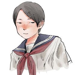 1girl asian black_hair blue_sailor_collar blush hair_ornament hairclip highres neckerchief original red_neckerchief riyu_(umibebebe) sailor_collar school_uniform short_hair simple_background white_background