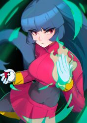 Rule 34 | 1girl, absurdres, blue hair, blunt bangs, bodysuit, bodysuit under clothes, breasts, cropped jacket, gloves, highres, jacket, long hair, long sleeves, maishtar colo, medium breasts, nintendo, pencil skirt, poke ball, poke ball (basic), pokemon, pokemon frlg, red eyes, red jacket, red skirt, sabrina (pokemon), skirt, solo, straight hair, turtleneck, turtleneck jacket, white gloves