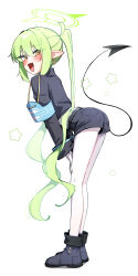 1girl absurdres armband black_boots black_jacket black_shorts black_tail blue_archive blue_armband blush boots earrings from_side full_body gloves green_hair green_halo hair_between_eyes halo highres jacket jewelry leaning_forward long_hair long_sleeves looking_at_viewer looking_to_the_side nozomi_(blue_archive) open_mouth pantyhose pointy_ears shorts simple_background smile solo standing tail twintails very_long_hair white_background white_gloves white_pantyhose whonyang yellow_eyes