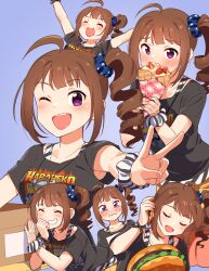 1girl ahoge black_shirt blue_background blue_scrunchie blush box burger cardboard_box casual cellphone closed_eyes commentary crepe drill_hair food fork frown grin hair_ornament hair_scrunchie highres holding holding_fork holding_phone idolmaster idolmaster_million_live! jewelry kamille_(vcx68) looking_at_viewer medium_hair multiple_views necklace open_mouth phone print_scrunchie print_shirt purple_eyes scrunchie shirt shirt_straps short_sleeves side_drill sidelocks simple_background smartphone smile standing star_(symbol) star_print t-shirt tearing_up v wrist_scrunchie yokoyama_nao