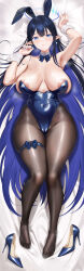 1girl absurdres animal_ears areola_slip arm_up armpits bare_shoulders black_hair blonde_hair blue_archive blue_eyes blue_leotard blush bow bowtie cameltoe colored_inner_hair covered_navel detached_collar full_body glasses highleg highleg_leotard highres jinpaitugounan leotard looking_at_viewer multicolored_hair pantyhose playboy_bunny pointy_ears rabbit_ears rin_(blue_archive) slit_pupils solo strapless strapless_leotard thighband_pantyhose toes wrist_cuffs