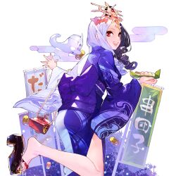 1girl :d ass barefoot black_hair blush bottle bow curly_hair drill_hair fang fish floral_print food from_behind full_body hair_ornament high_heels highres holding isaac_hein_iii izanami_(uchihime) japanese_clothes kimono leg_lift long_hair long_sleeves looking_at_viewer looking_back mole multicolored_hair non-web_source open_mouth purple_hair red_eyes sandals sash smile soles solo tail transparent_background two-tone_hair uchi_no_hime-sama_ga_ichiban_kawaii wavy_hair white_hair wide_sleeves yukata