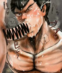 2boys bara black_hair blush censored character_request cum cum_in_mouth ejaculation erection fellatio male_focus multiple_boys munimuni oral orgasm penis street_fighter wince yaoi