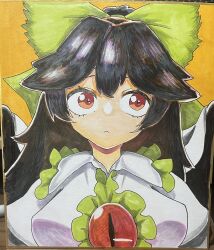 1girl black_hair bow cape closed_mouth colored_pencil_(medium) commentary_request green_bow hair_bow hair_flaps highres long_hair orange_background red_eyes reiuji_utsuho rn_(sbr2933090) simple_background solo third_eye touhou traditional_media upper_body