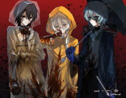 Rule 34 | 3boys, absurdres, bai ling (touqi guaitan), black eyes, black gloves, black hair, black pants, black shirt, blood, blood on clothes, blood on face, bloody weapon, blue coat, blue gloves, blue hair, blue shirt, brown jacket, chinese commentary, closed mouth, coat, collared shirt, commentary request, dated, elbow gloves, freckles, glasses, gloves, grey vest, hair between eyes, highres, holding, holding knife, holding umbrella, hongshaoyuyuyuyu, hood, hood up, hooded coat, jacket, knife, light blue hair, liu qingcheng, long sleeves, male focus, mole, mole under mouth, multiple boys, multiple moles, open clothes, open coat, pants, pocket, raincoat, rectangular eyewear, red background, see-through clothes, see-through raincoat, semi-rimless eyewear, shi zhaoying, shirt, short hair, side ponytail, signature, smile, striped coat, sunglasses, sweat, touqi guaitan, umbrella, vertical-striped coat, vest, weapon, white gloves, white hair, yellow-framed eyewear, yellow coat, yellow eyes
