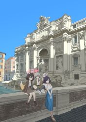 3girls absurdres alternate_costume animal_ear_fluff animal_ears blazer blue_archive blue_sky breasts brown_hair building casual commentary commentary_request crocs day dress_shirt english_commentary fountain fox_ears fox_girl fox_tail grey_hair hair_over_one_eye halo hashtag-only_commentary highres italy izuna_(blue_archive) jacket johnlim korean_commentary latin_text long_hair long_skirt looking_at_viewer lop_rabbit_ears marble_(stone) marble_sculpture michiru_(blue_archive) mixed-language_commentary multiple_girls necktie ninjutsu_research_club_(blue_archive) outdoors photo-referenced pink_halo purple_eyes purple_hair rabbit_ears raccoon_ears raccoon_girl real_world_location red_halo rome_(city) scenery shirt skirt sky smile statue tail trevi_fountain tsukuyo_(blue_archive) twintails water yellow_eyes