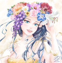 1girl 2022 absurdres blue_eyes dress eyelashes flower flower_wreath fq_zone highres hydrangea lily_(flower) long_hair looking_to_the_side nico_robin one_piece open_mouth pink_lips rose smile solo sunflower twitter_username upper_body yellow_dress