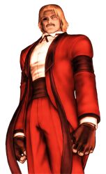 1boy armband arms_at_sides black_armband blonde_hair capcom_vs_snk facial_hair fingerless_gloves from_below game_cg gloves highres looking_down male_focus missing_eye mori_toshiaki mustache non-web_source official_art one-eyed pants red_eyes red_pants rugal_bernstein shirt simple_background solo standing the_king_of_fighters white_background