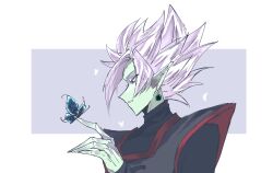 1boy black_bodysuit bodysuit bug butterfly butterfly_on_hand colored_skin dragon_ball dragon_ball_super earrings from_side fused_zamasu green_skin grey_eyes insect jewelry long_sleeves looking_at_object parted_lips pointy_ears potara_earrings solo spiked_hair v621 white_hair