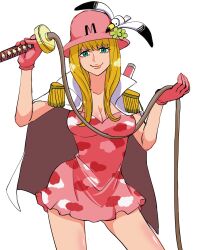 1girl blonde_hair blue_eyes blunt_bangs breasts cleavage coat commentary_request cowboy_shot dress epaulettes gloves hat highres holding holding_weapon kujaku_(one_piece) long_hair looking_at_viewer one_piece pink_gloves pink_hat short_dress simple_background smile solo weapon white_background white_coat yuuya_(hakase-luv)