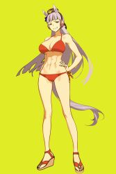 1girl absurdres animal_ears bikini blue_bow bow breasts gold_ship_(umamusume) green_background grey_hair high_heels highres horse_ears horse_girl horse_tail huge_breasts kisaragi_shokuin long_hair long_legs purple_eyes red_bikini solo swimsuit tail umamusume