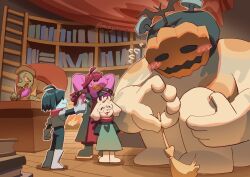 1girl 1other 3boys ^_^ ahoge arms_behind_head black_hair blush book book_stack bookshelf broom closed_eyes colored_skin deltarune desk flying_sweatdrops furry furry_female furry_male gerson giant glasses goat_boy grin highres holding holding_broom indoors jackenstein_(deltarune) kris_(dark_world)_(deltarune) kris_(deltarune) ladder mask monyorun multiple_boys object_through_head pink_skin purple_hair ralsei screw_in_head sharp_teeth short_hair sitting smile standing susie_(dark_world)_(deltarune) susie_(deltarune) teeth thumbs_up wooden_floor