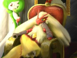 1boy 1girl blaziken crossed_legs furry furry_male gardevoir gen_3_pokemon nintendo poke_ball_symbol pokemon pokemon_(creature) sitting throne