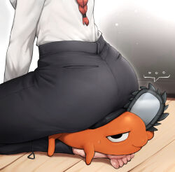 Rule 34 | ..., 1girl, ass, barefoot, black pants, braid, braided ponytail, chainsaw, chainsaw man, hannesfkr, highres, huge ass, lower body, makima (chainsaw man), pants, photo-referenced, pochita (chainsaw man), pull cord, red hair, seiza, sitting, sitting on person, spoken ellipsis, sweatdrop