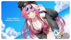 1girl beach bikini black_hat black_jacket blue_sky blush breasts character_name chattino_(raora_panthera) claw_pose cleavage cloud cloudy_sky collarbone commentary day eyewear_on_head fingernails hair_intakes hat hololive hololive_english jacket large_breasts leaning_forward leopard_print_bikini long_hair looking_at_viewer multicolored_hair nail_polish ocean open_clothes open_jacket open_mouth outdoors panther_girl panther_tail pink_bikini pink_hair pink_nails raora_panthera sand sky smile solo streaked_hair swimsuit tail thighs two-tone_hair virtual_youtuber yachiyo_(psy_omachi) yellow_eyes