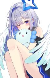 1girl amane_kanata amane_kanata_(work) angel angel_wings black_dress blue_hair blush closed_mouth colored_inner_hair dress grey_hair halo highres hololive long_hair multicolored_hair official_alternate_costume one_eye_closed purple_eyes star_halo streaked_hair upao_(amane_kanata) very_long_hair virtual_youtuber wings yogur_0311