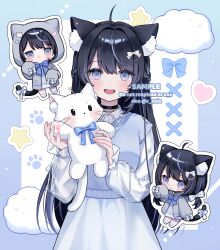 Rule 34 | 1girl, :d, absurdres, ahoge, animal ear fluff, animal ears, black hair, blue border, blue bow, blue bowtie, blue skirt, blue sweater vest, blush, border, borrowed character, bow, bowtie, cat ears, cat girl, cat tail, chibi, chibi inset, collared shirt, commentary request, commission, cowboy shot, grey hoodie, hair bow, heart, highres, holding, holding stuffed toy, hood, hood down, hoodie, long hair, long sleeves, looking at viewer, multicolored hair, myon rio, open clothes, open hoodie, open mouth, original, outline, outside border, purple eyes, purple hair, sample watermark, shirt, shoes, skeb commission, skirt, sleeves past fingers, sleeves past wrists, smile, socks, star (symbol), streaked hair, stuffed animal, stuffed cat, stuffed toy, sweater vest, tail, tail bow, tail ornament, twitter username, two-tone hair, very long hair, watermark, white background, white bow, white outline, white shirt, white shoes, white socks