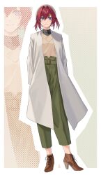 Rule 34 | 1girl, alternate costume, ange katrina, belt, beret, border, breasts, brown shoes, capri pants, closed mouth, coat, commentary request, full body, green belt, green pants, hair between eyes, hair intakes, hair ornament, halftone, halftone background, hat, high heels, highres, light blush, long bangs, long sleeves, matsuharu (lip-mil), nijisanji, open clothes, open coat, outline, pants, projected inset, red hair, shoes, short hair, small breasts, smile, solo, standing, sweater, sweater tucked in, triangle hair ornament, virtual youtuber, white border, white coat, white hat, white outline, yellow sweater