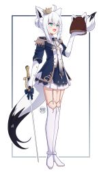 1girl absurdres animal_ears aqua_eyes braid breasts choconi crown full_body gold_crown hair_bun highres holding holding_sword holding_weapon hololive open_mouth shirakami_fubuki sidelocks smile socks solo sword tail virtual_youtuber weapon white_background white_hair white_socks