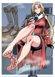 1girl absurdres barefoot blonde_hair blue_eyes blush boots desk feet ga320aaa girls&#039;_frontline girls&#039;_frontline_2:_exilium highres long_hair shoes soles steam swivel_chair toes ullrid_(girls&#039;_frontline_2) unworn_boots unworn_shoes