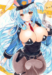 Rule 34 | 1girl, azur lane, beretta 92, between breasts, black leotard, blue hair, blush, breasts, gloves, gun, handgun, hat, highres, holding, holding gun, holding weapon, holster, jacket, large breasts, leotard, looking at viewer, manjuu (azur lane), marker (medium), necktie, necktie between breasts, neptune (azur lane), neptune (officer bunneptune is on the case!) (azur lane), open clothes, pantyhose, police hat, solo, suzu (o o1219), thigh holster, traditional media, weapon, white gloves, yellow eyes