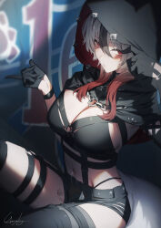 1girl black_gloves black_hair black_shorts breasts check_copyright cleavage closed_mouth copyright_request genyaky gloves highres hood hood_up large_breasts looking_at_viewer multicolored_hair navel original red_eyes short_shorts shorts signature sitting solo thighs two-tone_hair white_hair