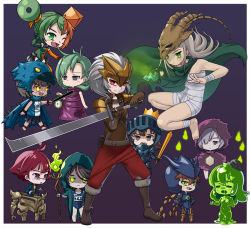 1boy 6+girls :d :o ;d animal_hood antenna_hair armor barefoot belt black_hair black_hat blue_background blue_cape blunt_bangs bowler_hat bronze_automaton brown_gloves brown_hair cape chibi clock colored_skin deca_(slay_the_spire) donu_(slay_the_spire) double_bun gloves green_eyes green_hair green_skin grey_eyes hair_bun hat helmet hexaghost hitodama holding holding_knife holding_staff holding_sword holding_weapon hood knife mask monster_girl moriko_(moliko) multiple_girls one_eye_closed open_mouth pouch red_eyes red_hair skull_on_head slay_the_spire sleepy slime_(substance) slime_boss smile staff standing stopwatch sword the_awakened_one the_champ_(slay_the_spire) the_collector_(slay_the_spire) the_guardian_(slay_the_spire) the_ironclad_(slay_the_spire) the_silent_(slay_the_spire) time_eater watch weapon white_hair yellow_eyes