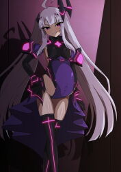1girl absurdres ahoge amakubo_yuri aoi_tabane big_belly black_gloves black_thighhighs breasts commission corruption dark_persona elbow_gloves evil_grin evil_smile gloves glowing grey_hair grin hand_on_own_hip headgear highleg highres kouyoku_senki_exs-tia leotard long_hair looking_at_viewer neon_trim pixiv_commission pregnant purple_eyes rextia_lili showgirl_skirt sidelocks small_breasts smile solo standing thighhighs twintails very_long_hair white_hair