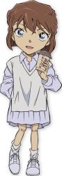 Rule 34 | 1girl, ankle socks, brown hair, collared dress, crossed bangs, cup, disposable cup, dress, full body, green eyes, haibara ai, hand in pocket, highres, holding, holding cup, long hair, meitantei conan, official art, open mouth, purple dress, shoes, short hair, simple background, sneakers, socks, solo, standing, straight-on, transparent background, vest, white shoes, white socks, white vest