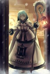 1girl blue_eyes blue_hair breasts chain cloak closed_mouth doorway dress flower food full_body fur-trimmed_dress fur-trimmed_hood fur-trimmed_sleeves fur_trim gloves hair_between_eyes hair_ornament holding holding_staff hood hooded_cloak horns jacket lantern large_breasts long_hair long_sleeves looking_at_viewer mokomoko_(haduki) pixiv_fantasia pixiv_fantasia_last_saga smile snow snowflake_hair_ornament snowing solo soup staff table white_cloak white_dress white_flower white_gloves white_jacket