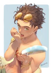 Rule 34 | 1boy, abs, bare pectorals, belt, border, bracelet, brown-framed eyewear, brown hair, cape, chest belt, claude von riegan, claude von riegan (summer), collarbone, commentary, curled fingers, dutch angle, english commentary, eyewear on head, fingernails, fire emblem, fire emblem: three houses, fire emblem heroes, food, green eyes, holding, holding food, holding popsicle, jewelry, licking, licking own arm, looking to the side, male focus, melting, melting popsicle, natsuyon, navel, nintendo, official alternate costume, outside border, pectorals, popsicle, round eyewear, sanpaku, short hair, short sideburns, side cape, sideways glance, solo, summer, sweat, tinted eyewear, toned, toned male, twitter username, wavy hair, white border, yellow-tinted eyewear, yellow cape