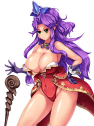 1girl angela_(seiken_densetsu_3) bare_shoulders breasts choker cleavage covered_navel earrings gloves green_eyes hand_on_own_hip highres huge_breasts jewelry large_breasts leotard long_hair looking_at_viewer pointy_ears purple_gloves purple_hair raochuu red_leotard seiken_densetsu seiken_densetsu_3 smile solo staff thighs transparent_background